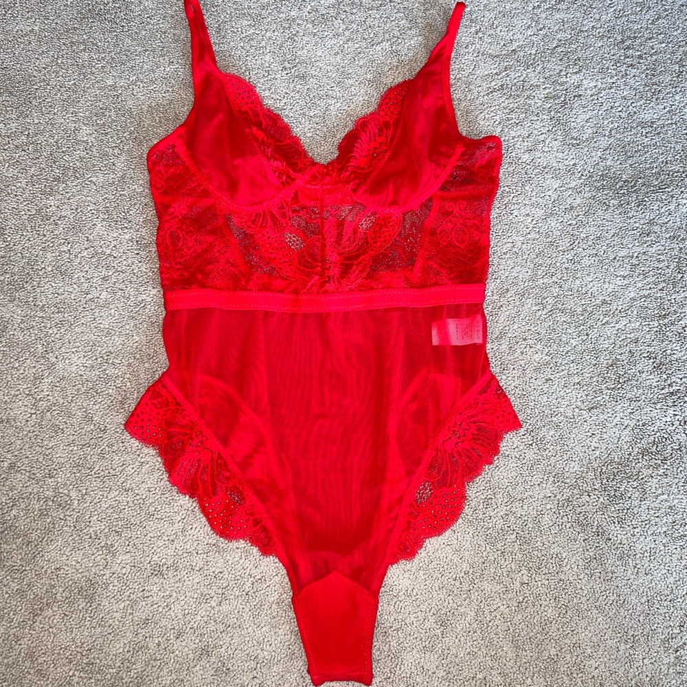 Red Lace Mesh Bodysuit Lingerie